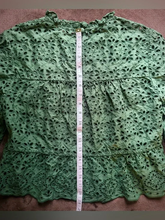 Veronica Beard Emmalyn Eyelet Flounce Top in Green - Ruffle Peplum/Bell Sleeve - Picture 8 of 11